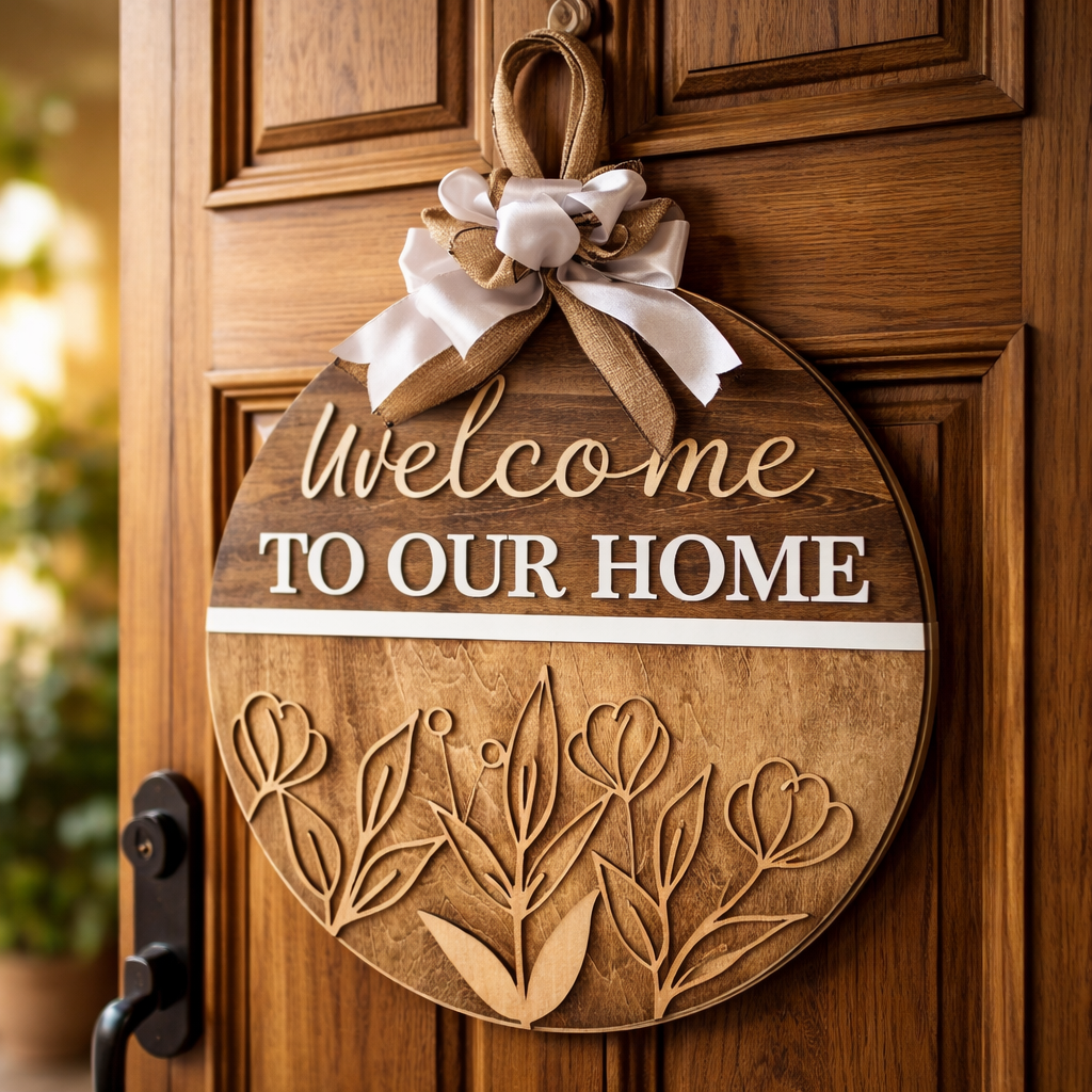Welcome To Our Home Natural Wood Door Sign