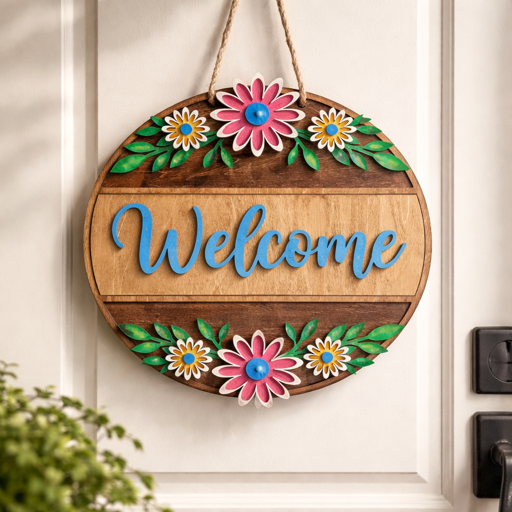 Floral Welcome Basswood Door Sign
