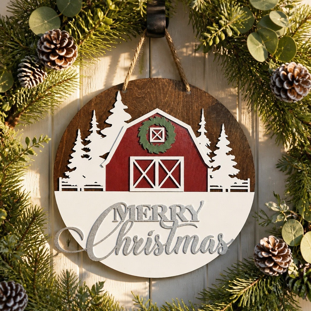 'Little Red Barn' Merry Christmas Door Sign