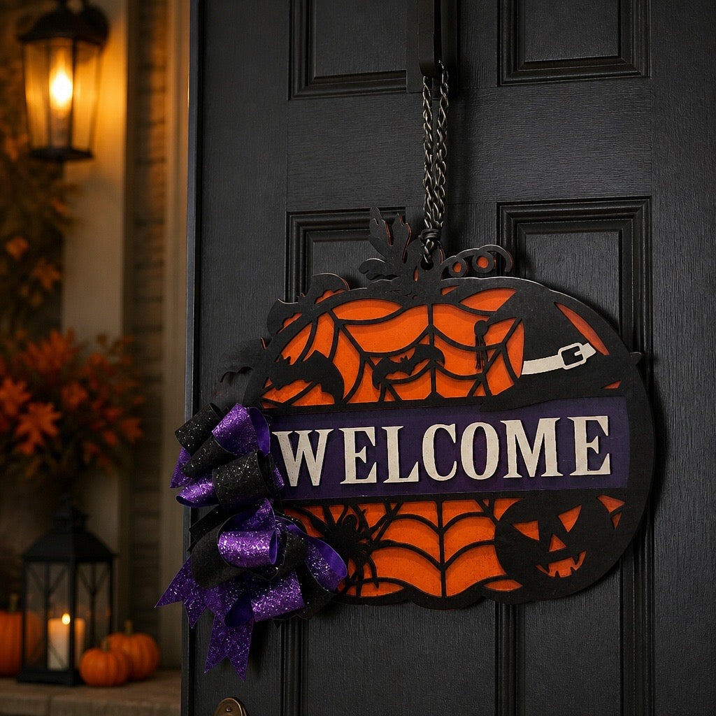 Spiderweb Pumpkin Halloween Door Plaque