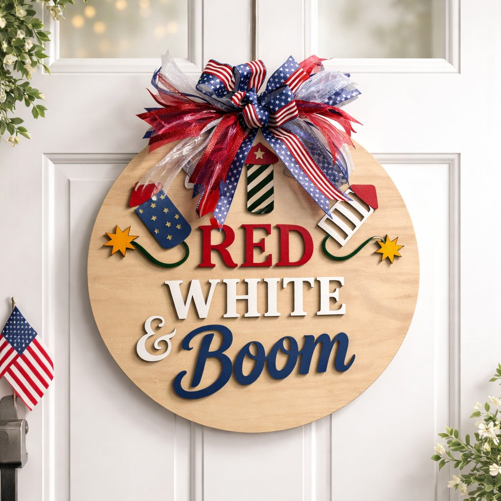 4th of July BOOM Basswood Door Sign