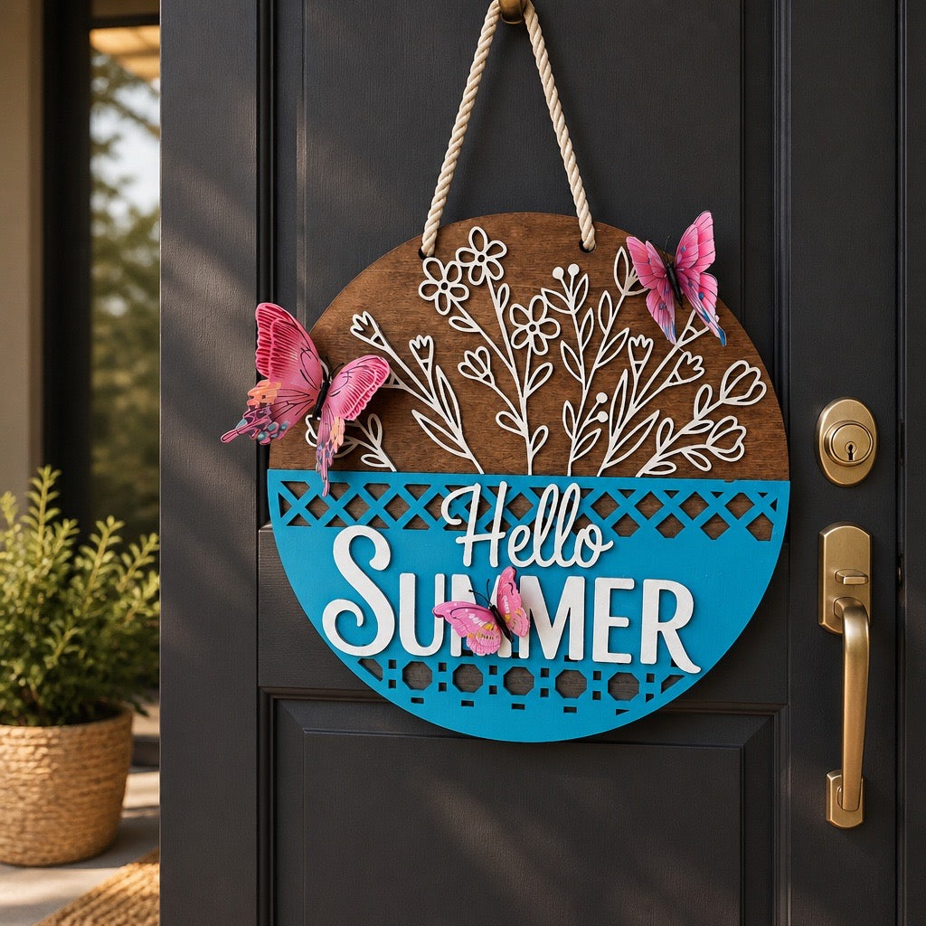 Hello Summer Natural Wood Door Sign