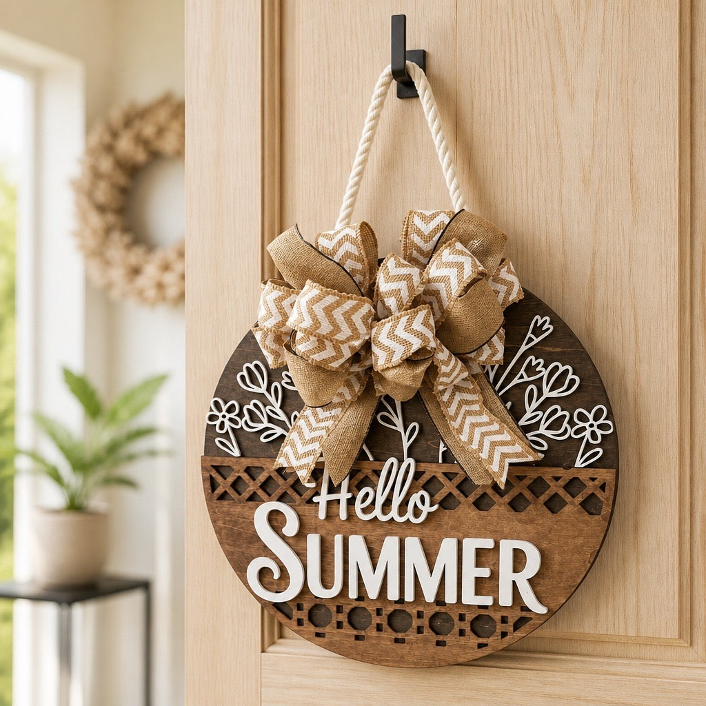 Hello Summer Natural Basswood Door Sign