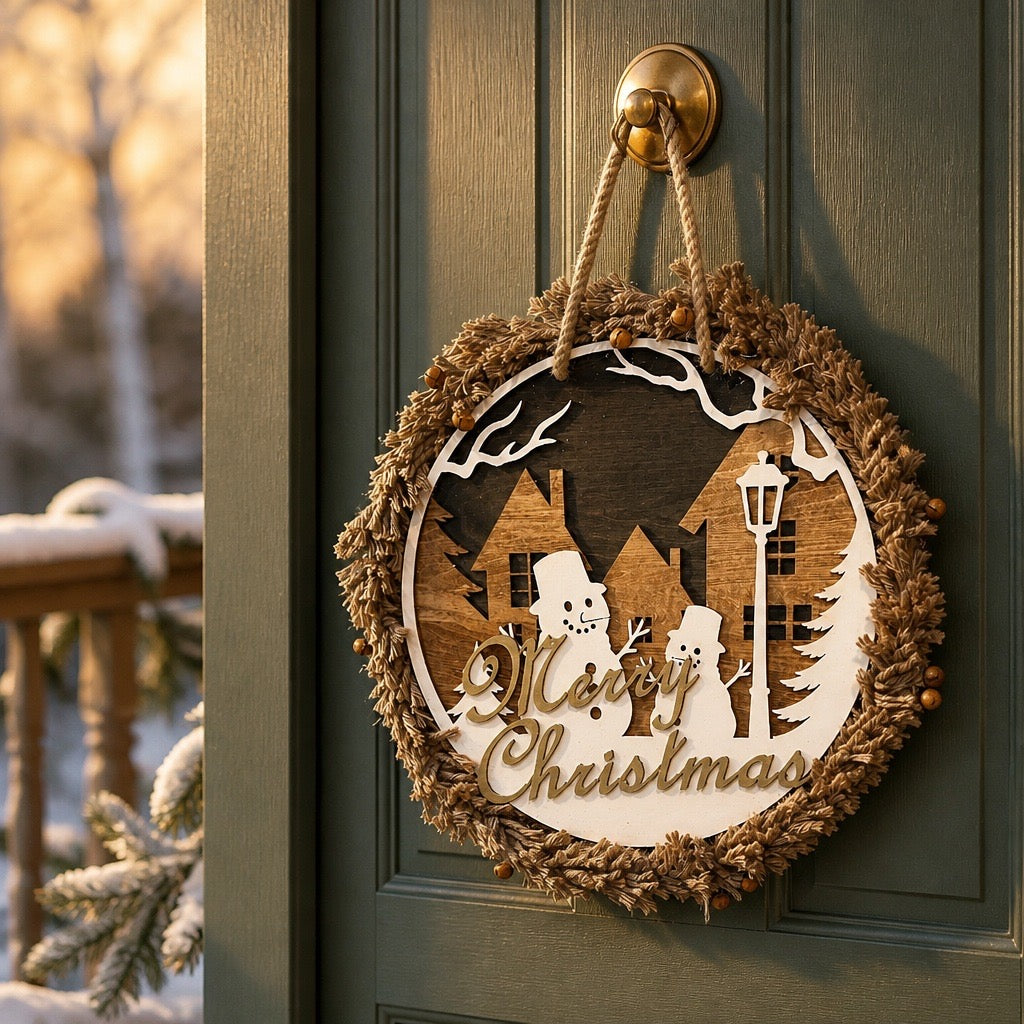 Merry Christmas Snowmen Wreath Sign