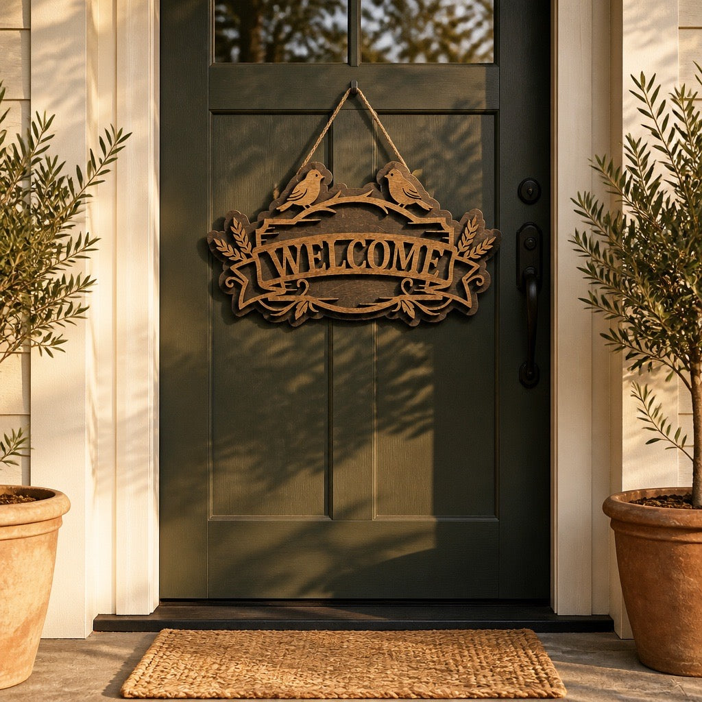 Rustic Birds Welcome Door Plaque