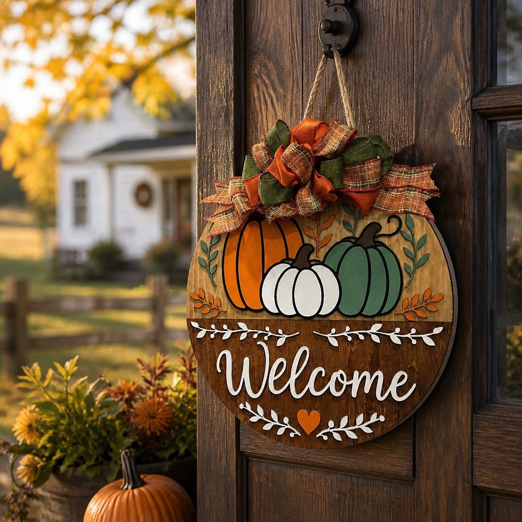 Autumn Pumpkins Welcome Door Sign